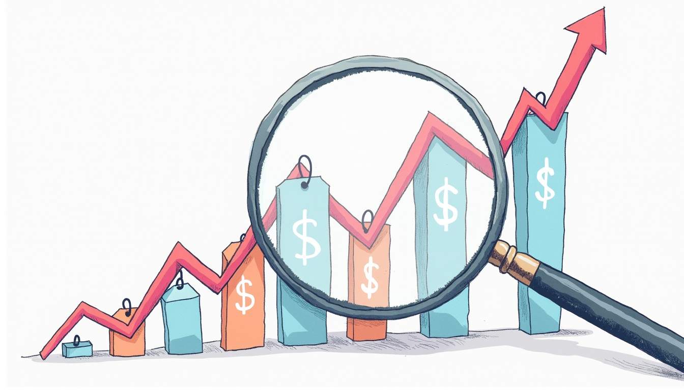 A magnifying glass hovering over a series of price tags and charts