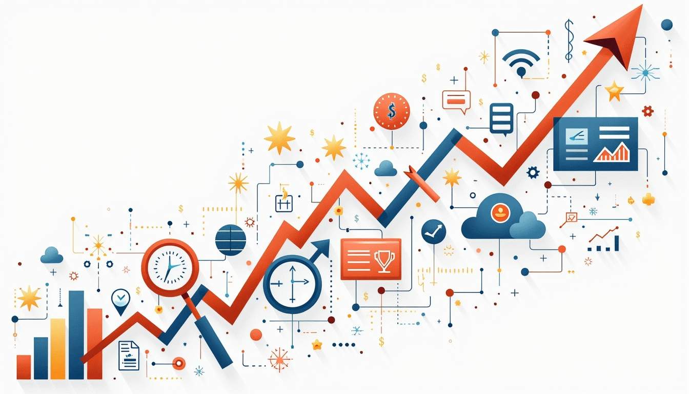 An upward-trending line graph overlaid with various product icons