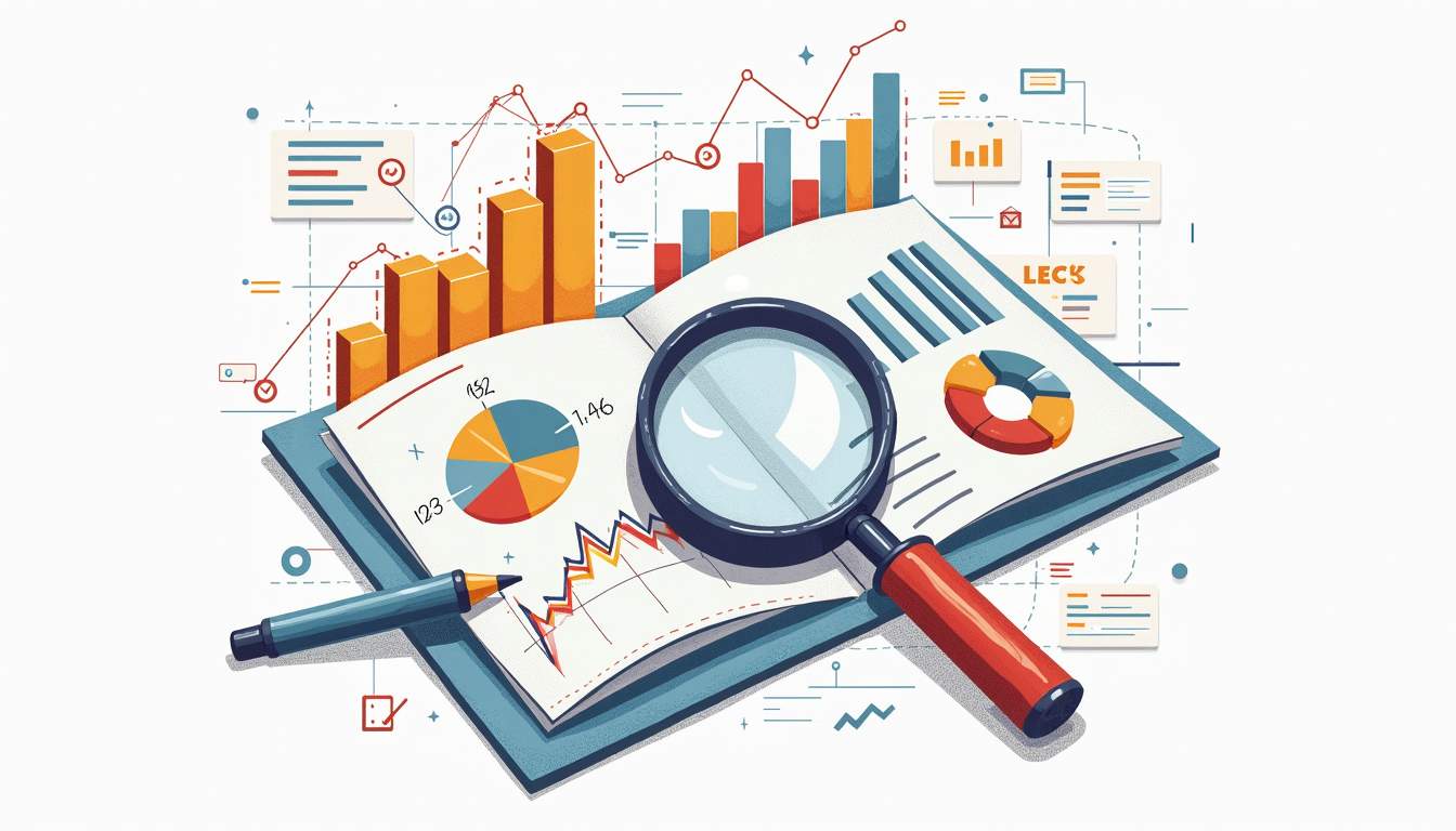 A magnifying glass hovering over a colorful financial report filled with charts