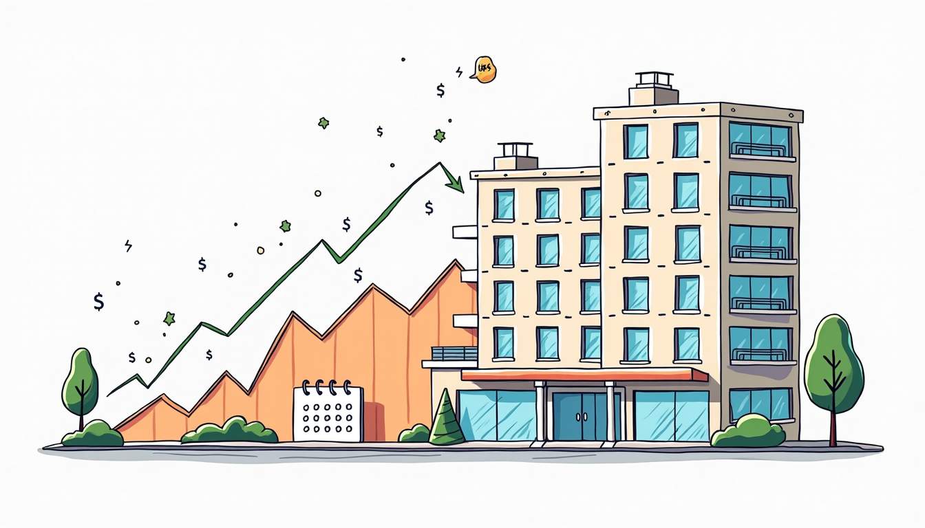 Draw an illustration of a hotel building with a fluctuating occupancy rate graph overlay