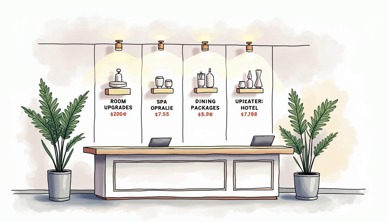 Draw an illustration of a hotel reception desk with various upsell options displayed
