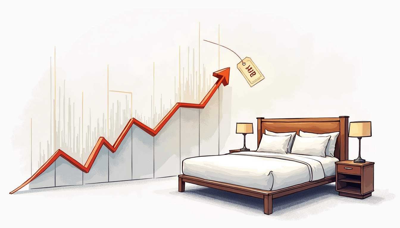 An elegant hotel room with a price tag prominently displayed