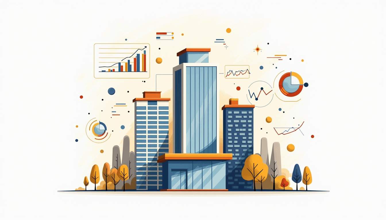 An abstract representation of a hotel building with various interconnected graphs and charts overlaying it