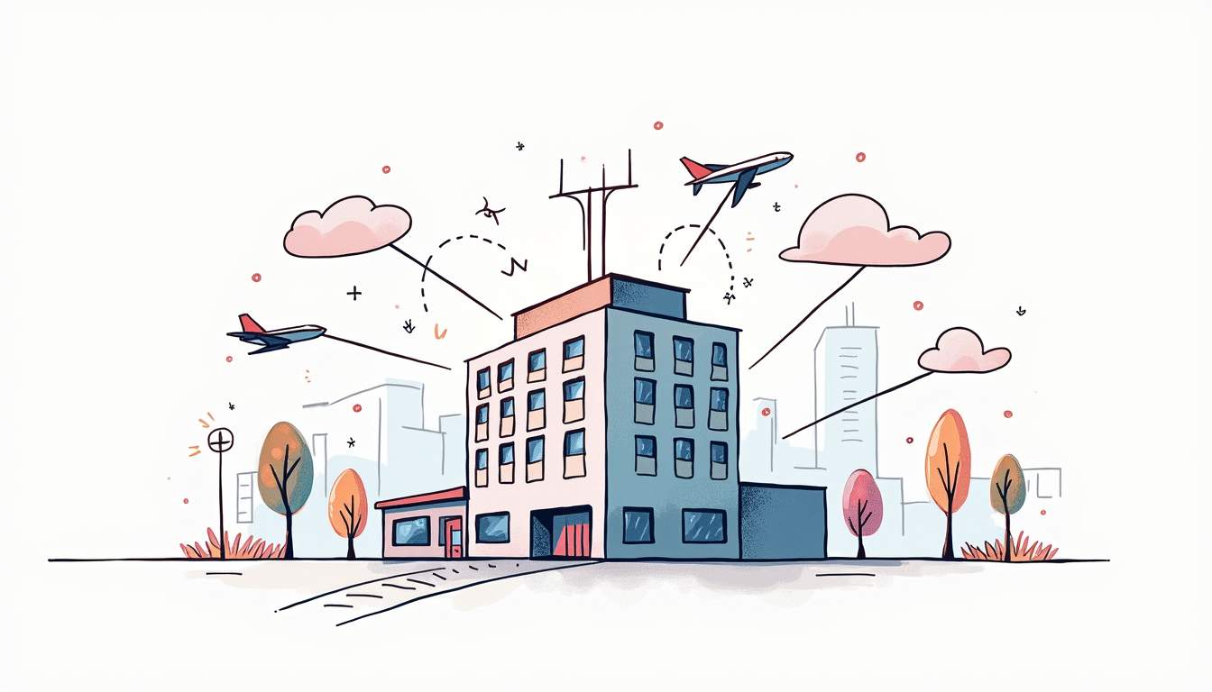A stylized hotel with various distribution channels represented as flowing arrows leading to and from the building