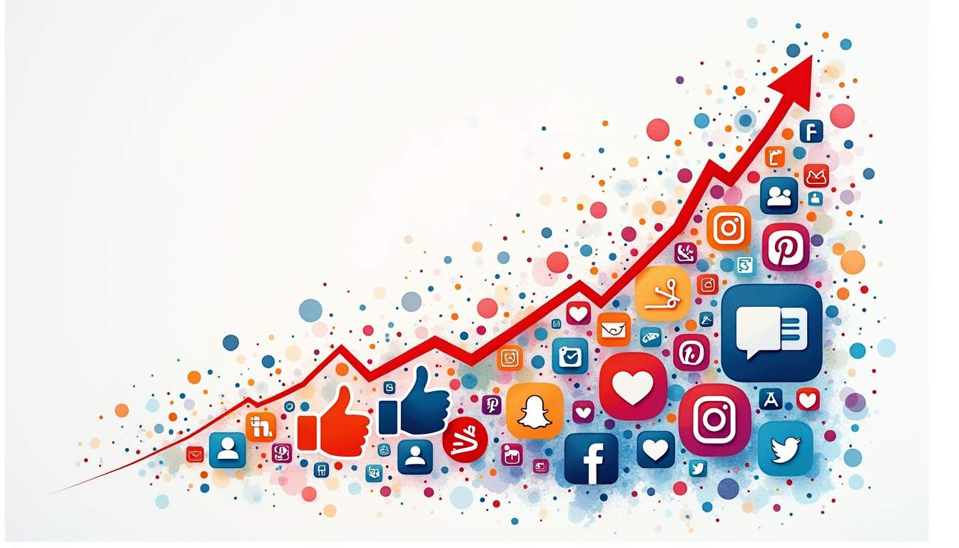 An upward-trending graph overlaying a vibrant collage of various social media icons and engagement metrics