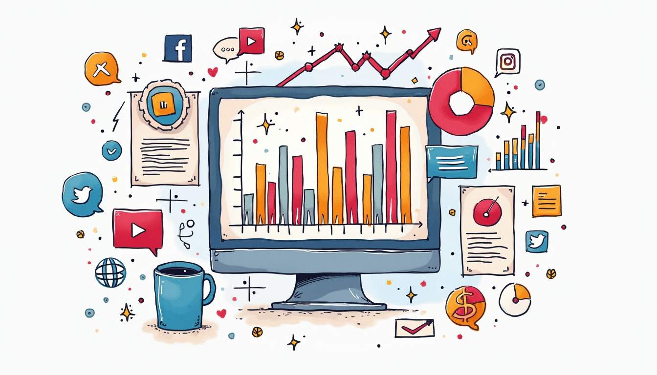An intricate social media dashboard filled with colorful graphs